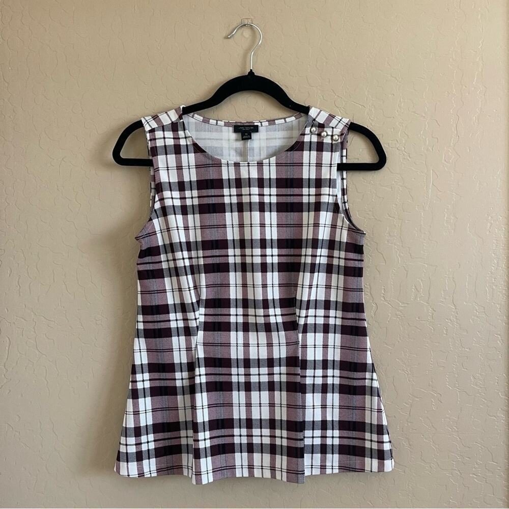 Ann Taylor Factory Maroon Plaid Pearl Sleeveless Blouse